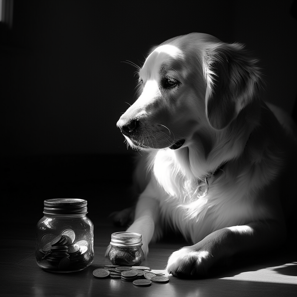 Hund sitzt vor Glas mit Geld